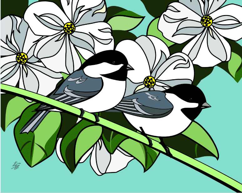 PictureBlack Capped chickadees and flowers