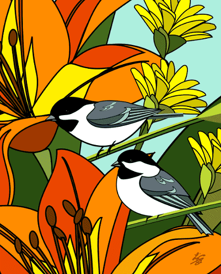 Chickadees and Orange Lilies