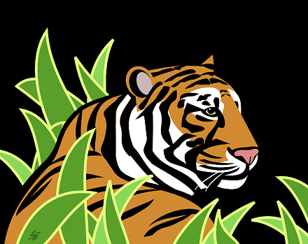 Tiger resting among green foliage